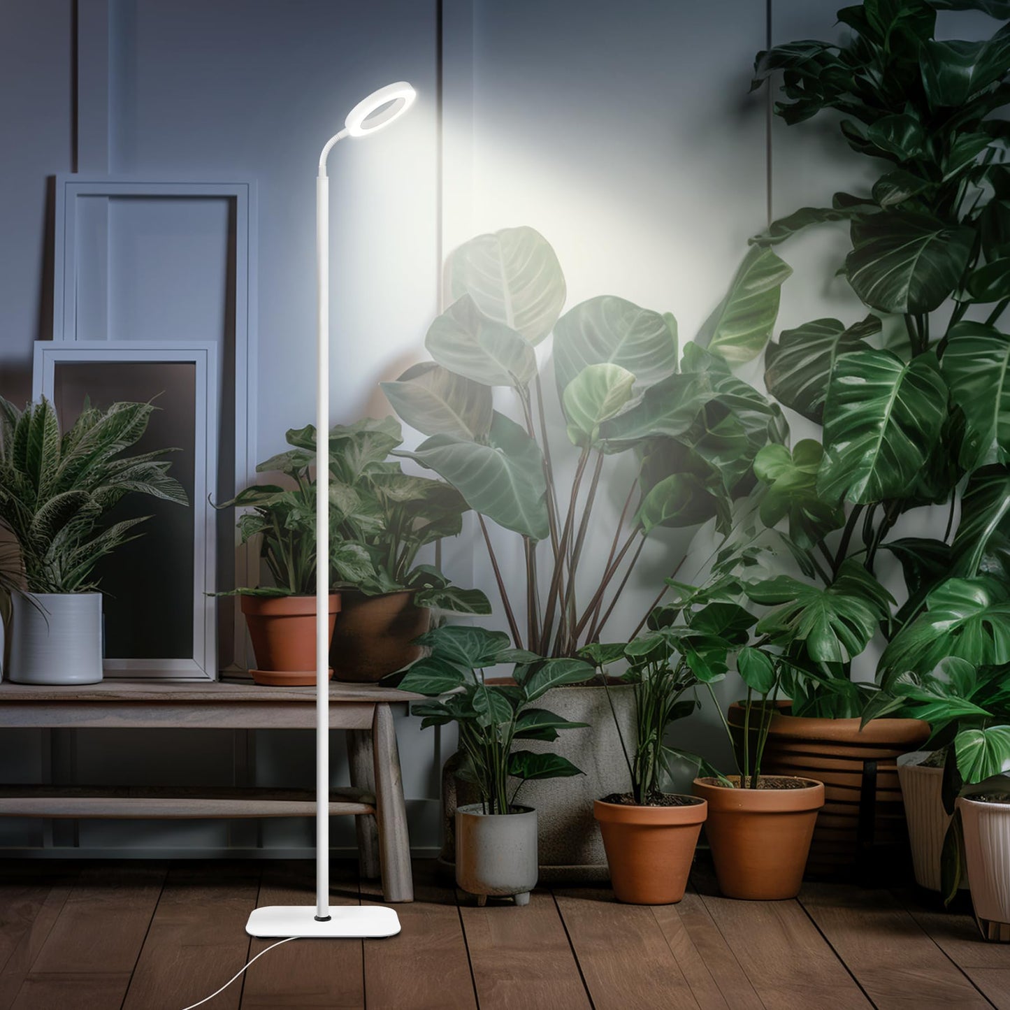 Skorter | Mistyjungle Growth Light For Indoor Plants, Floor Full Spectrum Plant Light With Stand, Large Grow Lights With Automatic Timer, 60 Inches Height Adjustable, 10 Level Dimmable, White Halo Led Growth Lamp