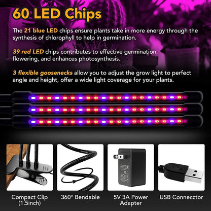 Skorter | Ipower 15W Triple Head Led Grow Light, Auto On/Off, Adjustable Red Blue Spectrum, 11 Dimmable Levels