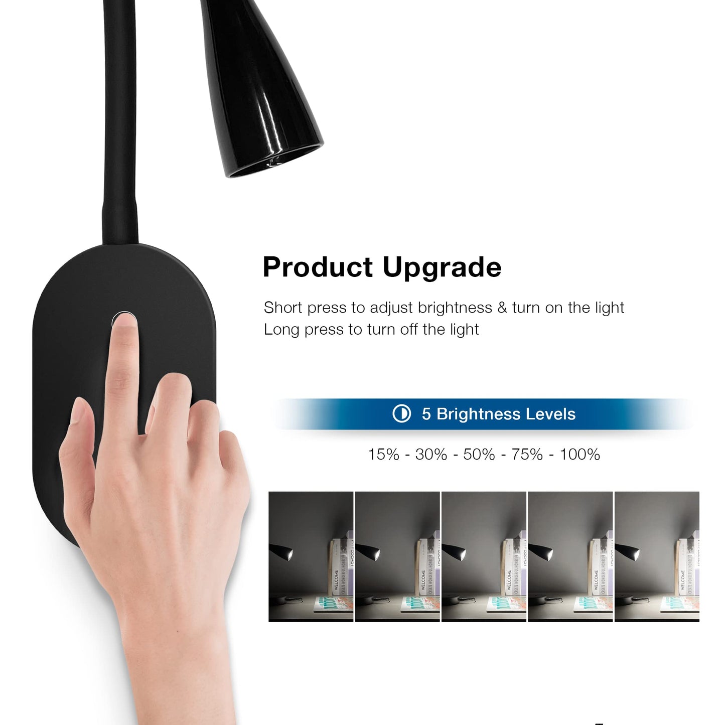 Skorter | Topmb Wall Lamp for Reading - Touch Control, Usb Output, 5 Dimmable Led, Flexible Goose Neck, Black