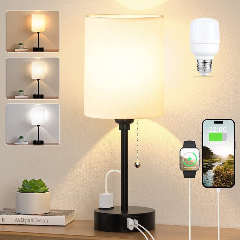 Skorter | Bedroom lamp - 3 Color Temperature, USB-C and USB-A Ports, Pull Cord Table Lamp with AC Outlet