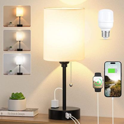 Skorter | Bedroom lamp - 3 Color Temperature, USB-C and USB-A Ports, Pull Cord Table Lamp with AC Outlet