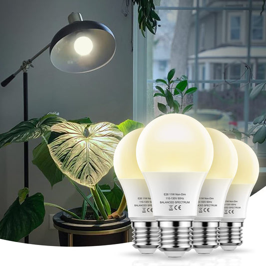 Skorter | LED Grow Light Bulbs, Full Spectrum - A19, E26 Base, 11W (100W Equivalent), 4 Pack For Indoor Plants, Flowers, Greenhouses