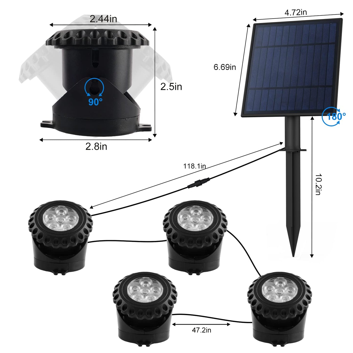 Skorter | T-Sun Rgb Solar Pool Light - 4 Head Led Underwater Color Change For Garden Pond Fountain