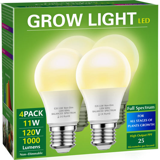 Skorter | Briignite Full Spectrum Led Grow Light Bulbs, 4 Pack A19, 11W For Indoor Plants