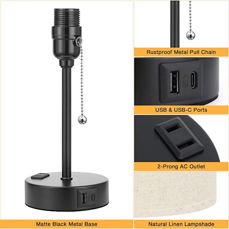 Skorter | Bedroom lamp - 3 Color Temperature, USB-C and USB-A Ports, Pull Cord Table Lamp with AC Outlet