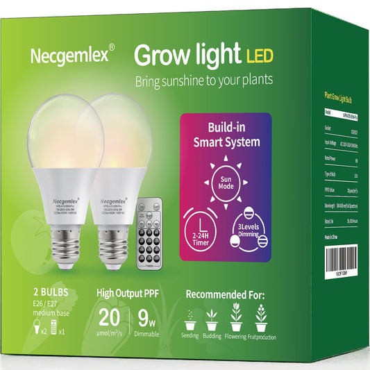 Skorter | Necgemlex Smart LED Grow Light Bulbs With Remote Control, Solar Mode, Built-in Daily Automatic Timer, 4500K, A21/A70 E26/E27 9W Dimmable Full Spectrum Grow Bulbs For Indoor Plants, 2 Pack