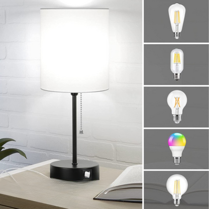 Skorter | Table lamp set of 2 with USB charging ports, gray bedside lamps with AC outlet, bedside lamps with pull switch, minimalist modern desk lamps with fabric shade for living room bedroom office
