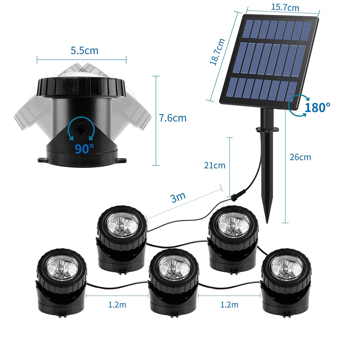 Skorter | T-Sun 5-Head Rgb Solar Energy Pond Lights, Submersible Spotlights For Garden, Fountain, Pool Decor