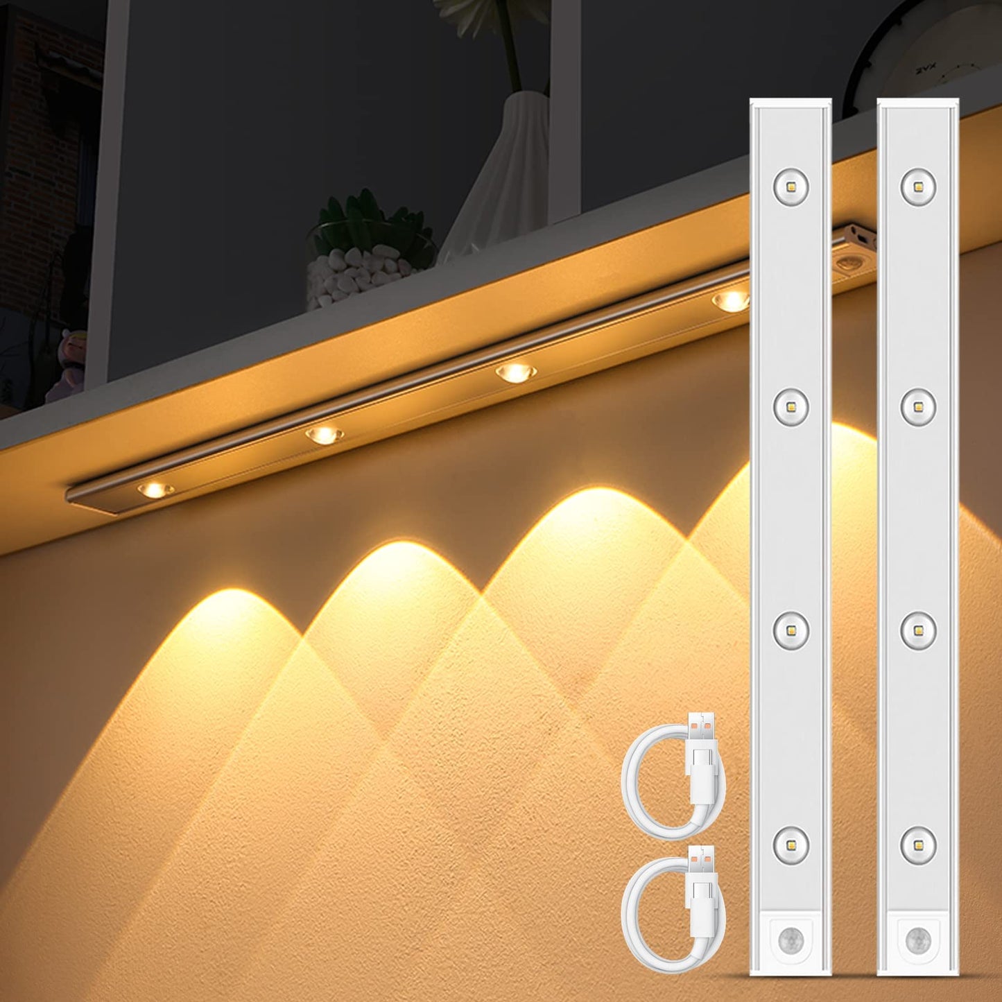 Skorter | Garto Silver LED Under Cabinet Motion Sensor Light, 60 cm, 2 Pack, USB Rechargeable