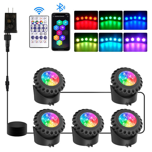 Skorter | T-Sun Rgb Led Underwater Pond Lights, Ip68 Waterproof, Bluetooth App, Set To 5