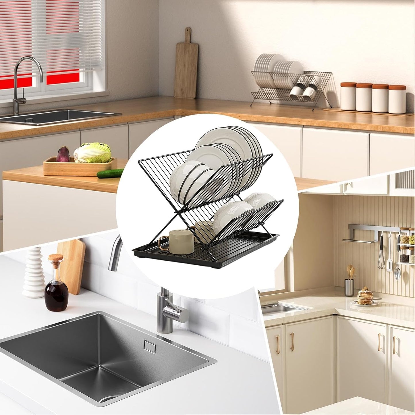 Skorter | Folding Dish Drying Rack – 2-Tier Countertop Drainer with Detachable Tray – Kelvra