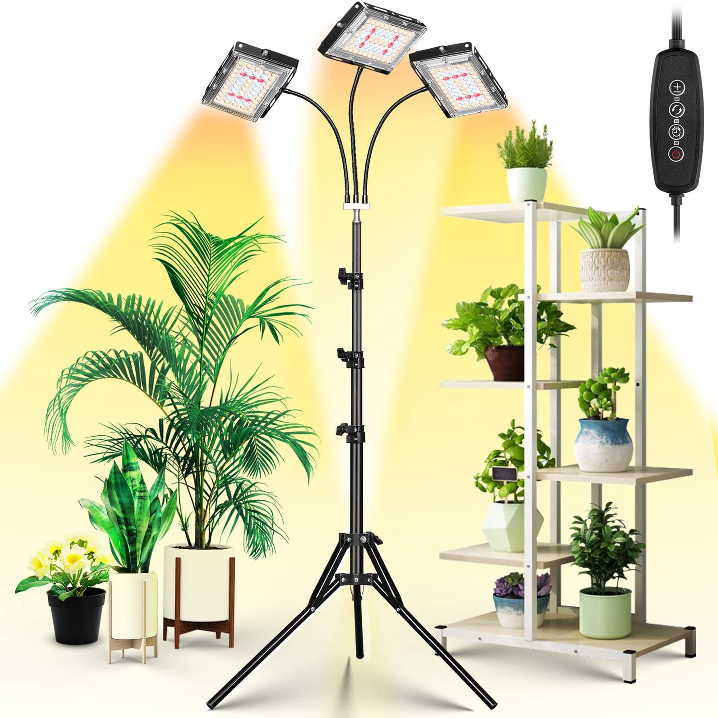 Skorter | Lbw Growth Light with Stand, Tri-Head Led Plant Light for Indoor Plants, Full Spectrum 150 Leds, 3/6/12H Timer, 6 Dimmable Levels, 3 Switch Modes, Adjustable Stand 15-63 Inches