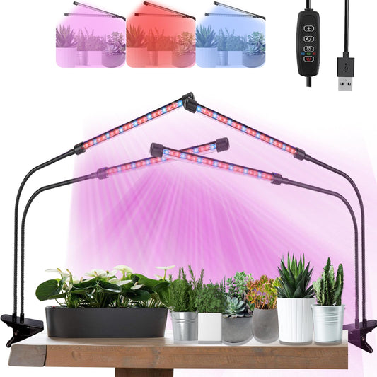 Skorter | Otryad Grow Light For Indoor Plants, Full Spectrum Plant Growth Light Sources With Auto On Off 3/9/12H Timer, 9 Level Dimmable, 3 Light Modes Clamp On Grow Light For Indoor Seed Starting/Succulents, 2 Packs