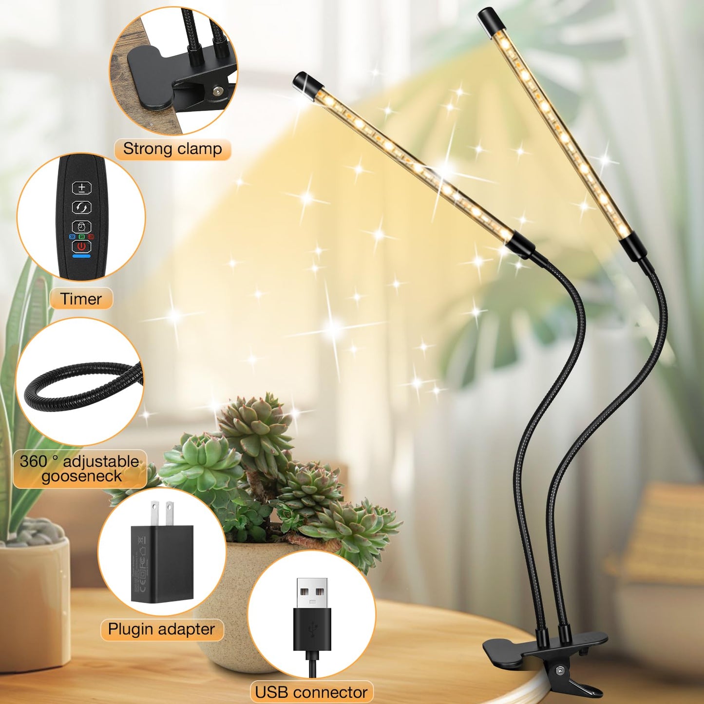 Skorter | Zyzykeji LED Grow Light 2-Pack, Full Spectrum Plant Lighting With Clamp, 10-Level Dimmable, Auto Timer