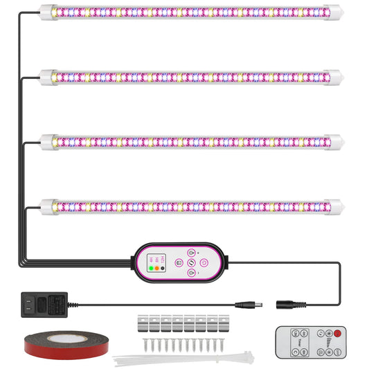 Skorter | Felibeaco 4 Pack Plant Growth Light Strip, Led Grow Lamp for Indoor Plants, Full Spectrum Plant Light with Automatic On/Off Timer, 10 Dimmable Brightness Levels, 3 Switch Modes, Double Controller