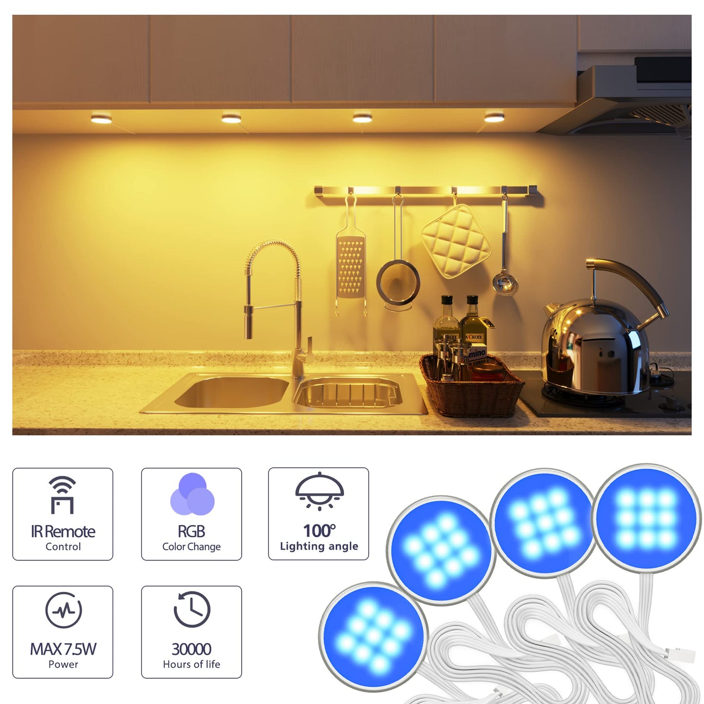 Skorter | Myplus Rgb Under Cabinet Lighting Kit - 4 Puck Lights With Remote Control, Color Changing Leds