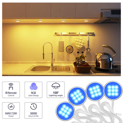 Skorter | Myplus Rgb Under Cabinet Lighting Kit - 4 Puck Lights With Remote Control, Color Changing Leds