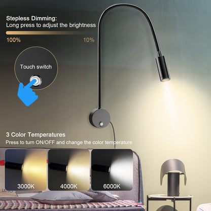 Skorter | Eray Wall Mounted Led Reading Lamp, Dimmable, 15" Goose Neck, Usb Charging, 2 Pack