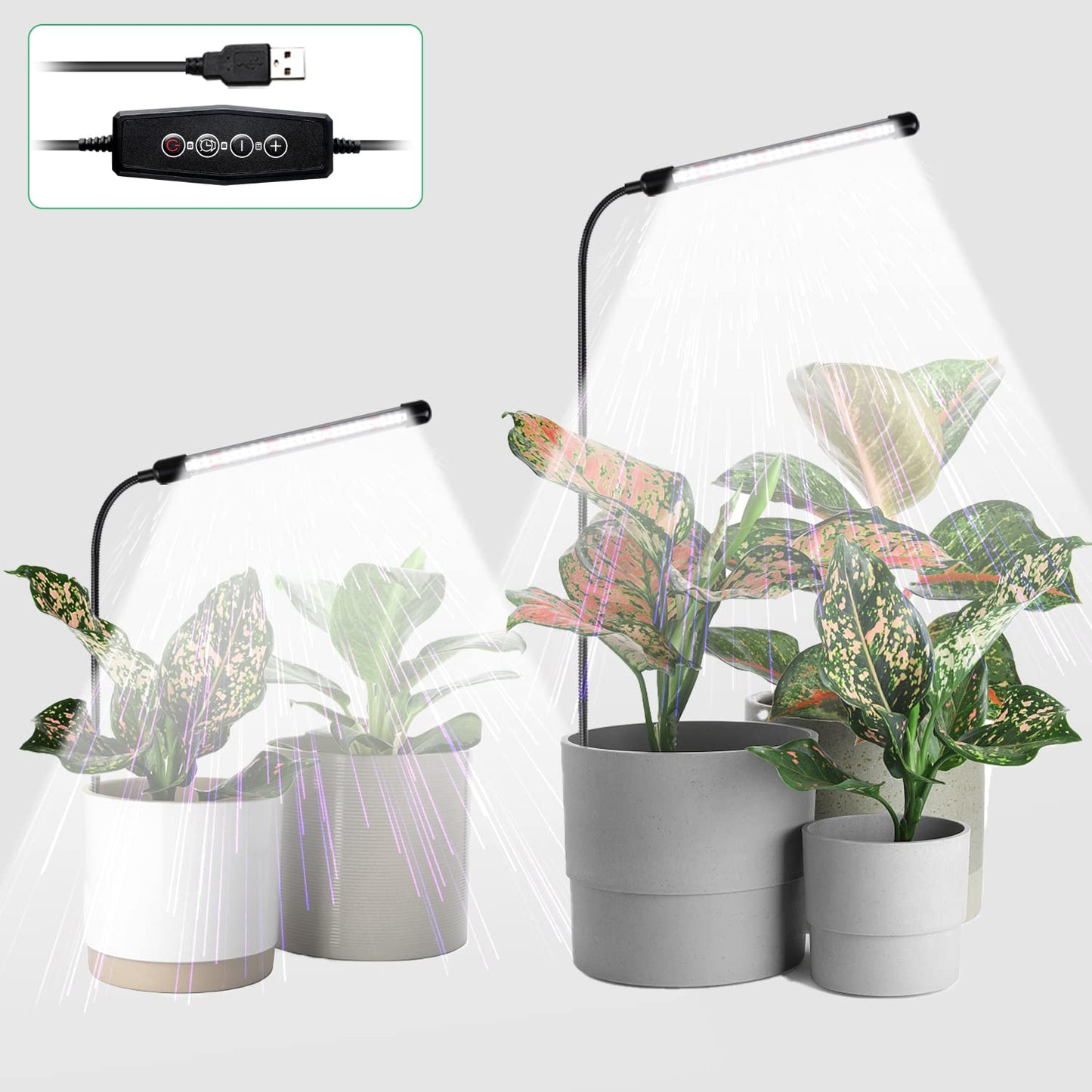 Skorter | Juhefa Growth Light for Indoor Plants, 6000K Full Spectrum Goose Neck Plant Lamp for Seedlings Succulent Small Plants, Automatic On/Off Timing & 5 Dimming, 2-Pack