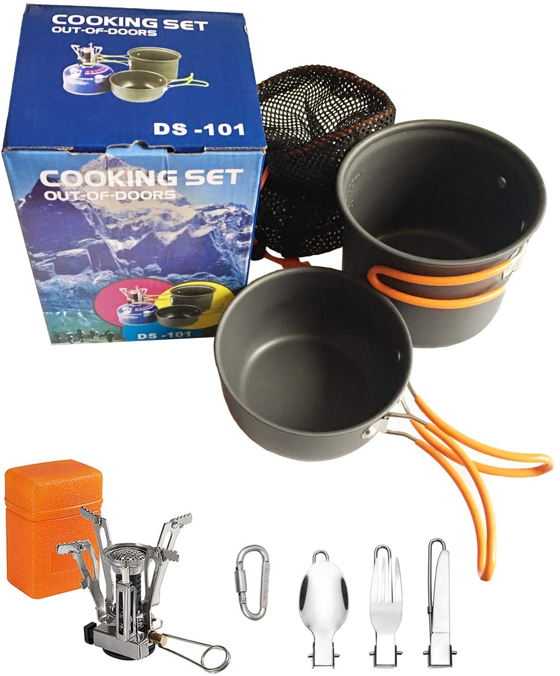 Skorter | DZRZVD Camping Cookware Mess Kit Gear, Backpacking Accessories Equipment Pots and Pan Set with Mesh Carrying Bag for Hiking, Picnic