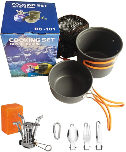 Skorter | DZRZVD Camping Cookware Mess Kit Gear, Backpacking Accessories Equipment Pots and Pan Set with Mesh Carrying Bag for Hiking, Picnic