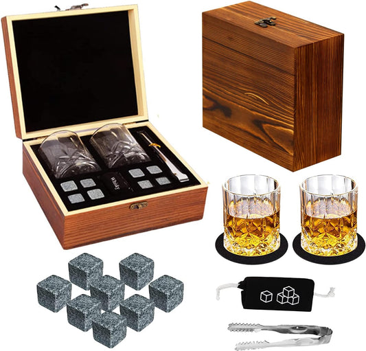 Whiskey Stones Gift Set - DIOXADOP Whiskey Glass Set Gifts for Men, 8 Granite Chilling Whisky Rocks, 2 Crystal Whisky Glasses - Best Gifts for Men Dad Husband Boyfriend Birthday Present