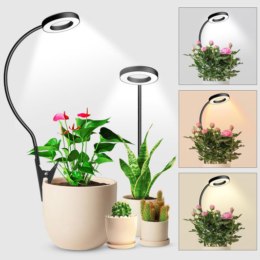 Skorter | Wolezek 2 in 1 Growth Light For Indoor Plants, 3 Colors Plant Lighting For Indoor Growth With 360° Goose Neck, 48 Leds Full Spectrum Plant Growth Light Indoor, 6/12/16H Timer, 5 Brightness Levels, Black 2 Pack