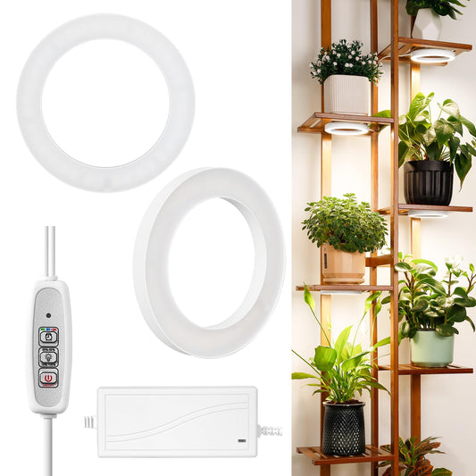 Skorter | Lordem 6.3” Ceiling Grow Light For Indoor Plants, 144 Leds Full Spectrum Halo Grow Lamp, Under Cabinet Plant Light With 4/8/12H Auto Timer, 4 Dimmable Brightness Levels, Ideal For Potted Plants, Double Head