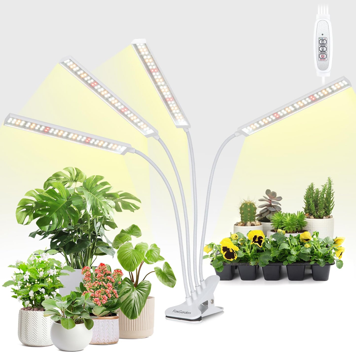 Skorter | Foxgarden® Plant Lighting for Indoor Cultivation, Full Spectrum Grow Light with Timer 4/8/12 hrs, Four-Headed 208 LED Grow Lamp with Flexible Gooseneck and Clamp for Desk, 4 Brightness Levels for Indoor Plants