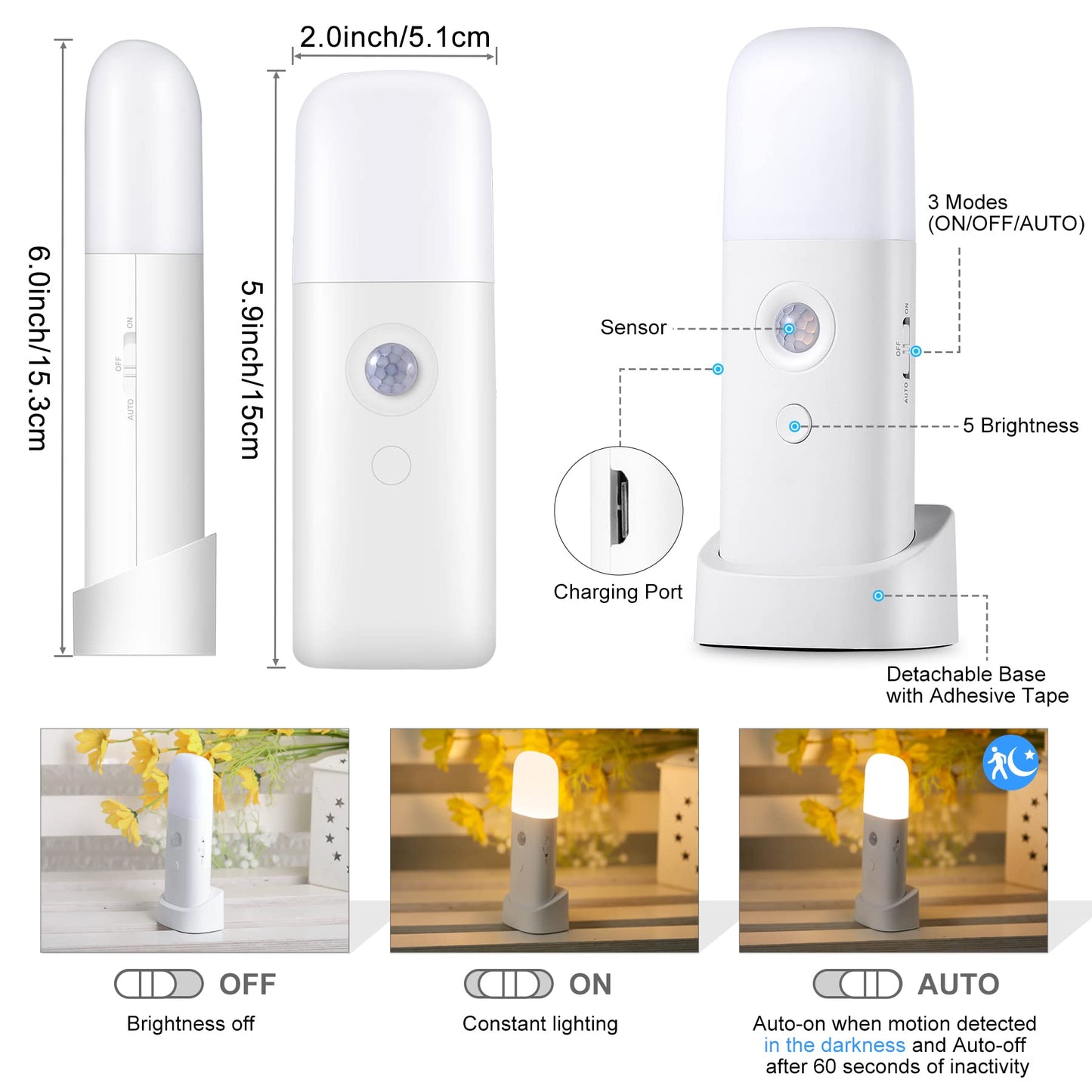 Skorter | Creweel Motion Sensor Night Light, Dimmable LED Table Lamp, Battery Operated, 2 Pack, Warm White