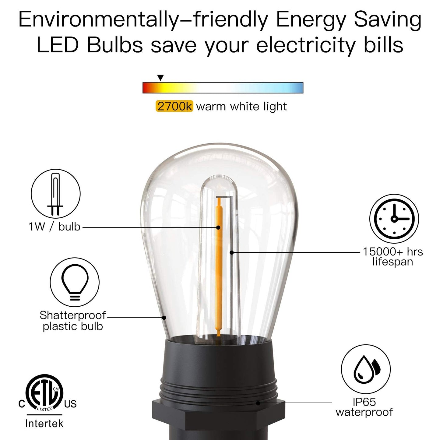 Skorter | Festoon Lights Outdoor, 53FT/16M S14 Outdoor Garden LED String Lights, IP65 Waterproof Outdoor String Lights Main Power 2700K 15+1(Replacement) Bulbs for Outdoor Patio Terrace Yard Wedding Party