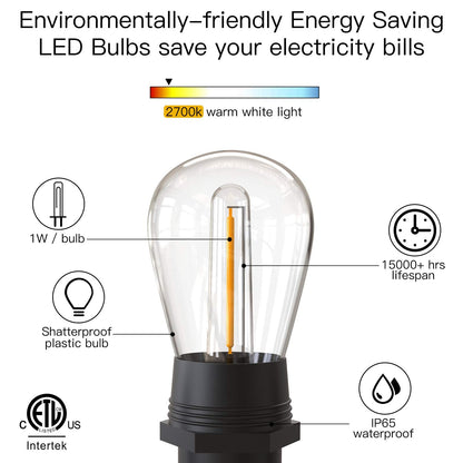 Skorter | Festoon Lights Outdoor, 53FT/16M S14 Outdoor Garden LED String Lights, IP65 Waterproof Outdoor String Lights Main Power 2700K 15+1(Replacement) Bulbs for Outdoor Patio Terrace Yard Wedding Party