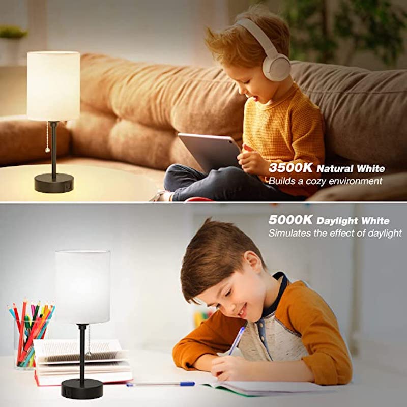 Skorter | Bedroom lamp - 3 Color Temperature, USB-C and USB-A Ports, Pull Cord Table Lamp with AC Outlet