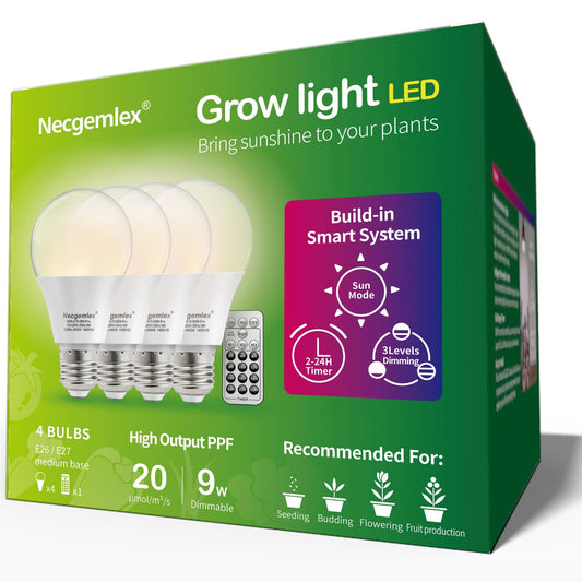 Skorter | Necgemlex Smart LED Grow Light Bulbs with Remote Control, Sun Simulation Mode, Built-in Automatic Timer, A21/A70 E26/E27 9W Dimmable Full Spectrum Intelligent Plant Grow Bulbs for Indoor Plants, 4 Pack