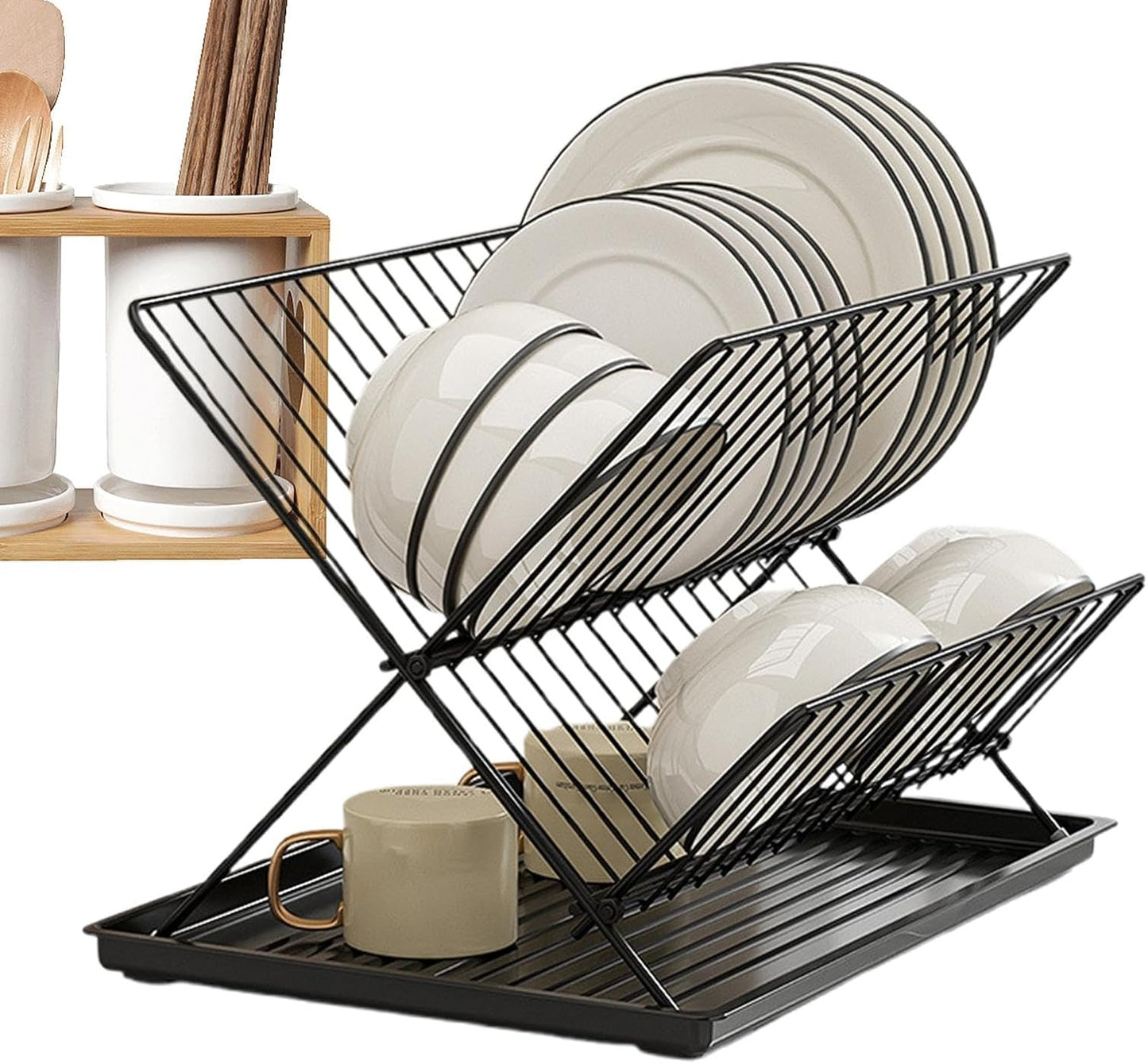 Skorter | Folding Dish Drying Rack – 2-Tier Countertop Drainer with Detachable Tray – Kelvra