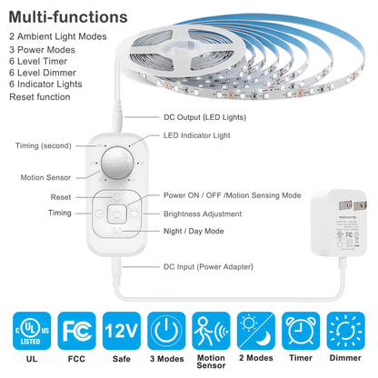 Skorter | Speycer motion sensor LED strip lighting, cool white, 9.84 feet - Indoor cabinet lighting with dimmer and timer