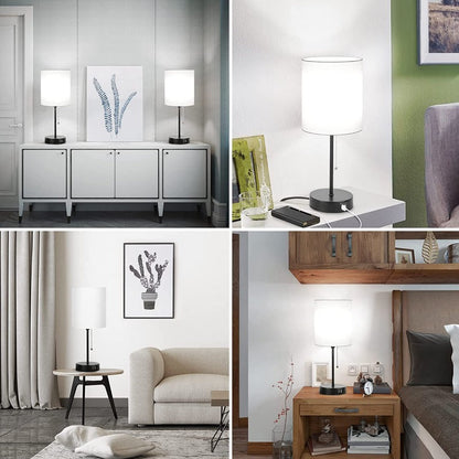 Skorter | Table lamp set of 2 with USB charging ports, gray bedside lamps with AC outlet, bedside lamps with pull switch, minimalist modern desk lamps with fabric shade for living room bedroom office