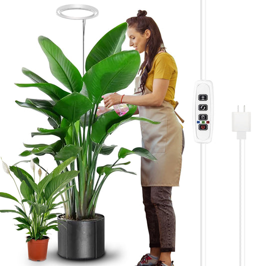 Skorter | 10" LED Ring Grow Light For Indoor Plants, 160Leds Full Spectrum Large Plant Lighting For Indoor Plants, Height Adjustable Grow Lamp With Automatic On/Off Timer 3/9/12H, 9 Dimmable Brightness Levels, White
