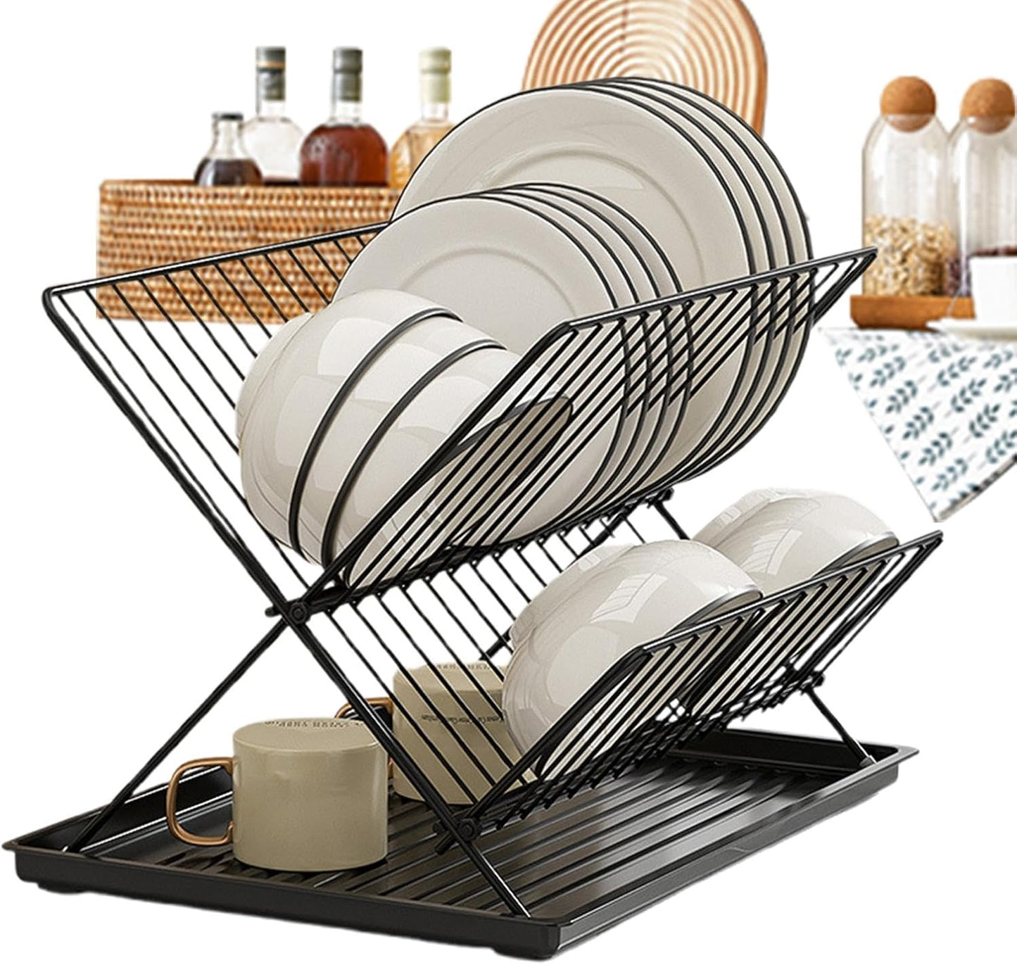 Skorter | Folding Dish Drying Rack – 2-Tier Countertop Drainer with Detachable Tray – Kelvra
