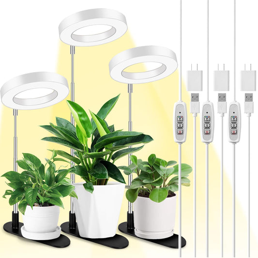 Skorter | Lordem Plant Growth Light, Full Spectrum Halo Desk Plant Light, Height Adjustable 7.8"-26", Led Grow Light, Automatic Timer 4H/8H/12H, 4 Level Dimmable, Ideal For Indoor Plants, White, 3 Pack