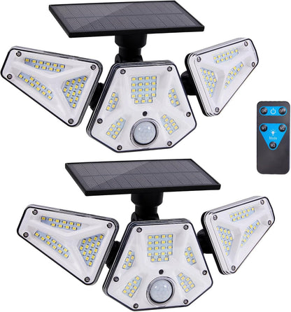 Skorter | 2 Pack Solar Flood Lights with Motion Sensor & Remote Control, Super Bright 113 LED, 3 Heads Adjustable