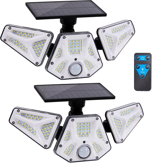 Skorter | 2 Pack Solar Flood Lights with Motion Sensor & Remote Control, Super Bright 113 LED, 3 Heads Adjustable