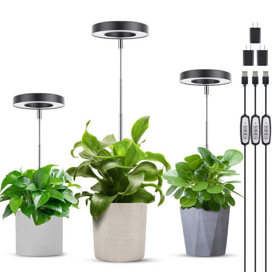 Skorter | Lordem Grow Light, Full Spectrum LED Plant Light For Indoor Plants, Height Adjustable Grow Lamp With Auto On/Off Timer 4/8/12H, 4 Dimmable Brightness Levels, Ideal For Small Plants, 3 Packs With Black