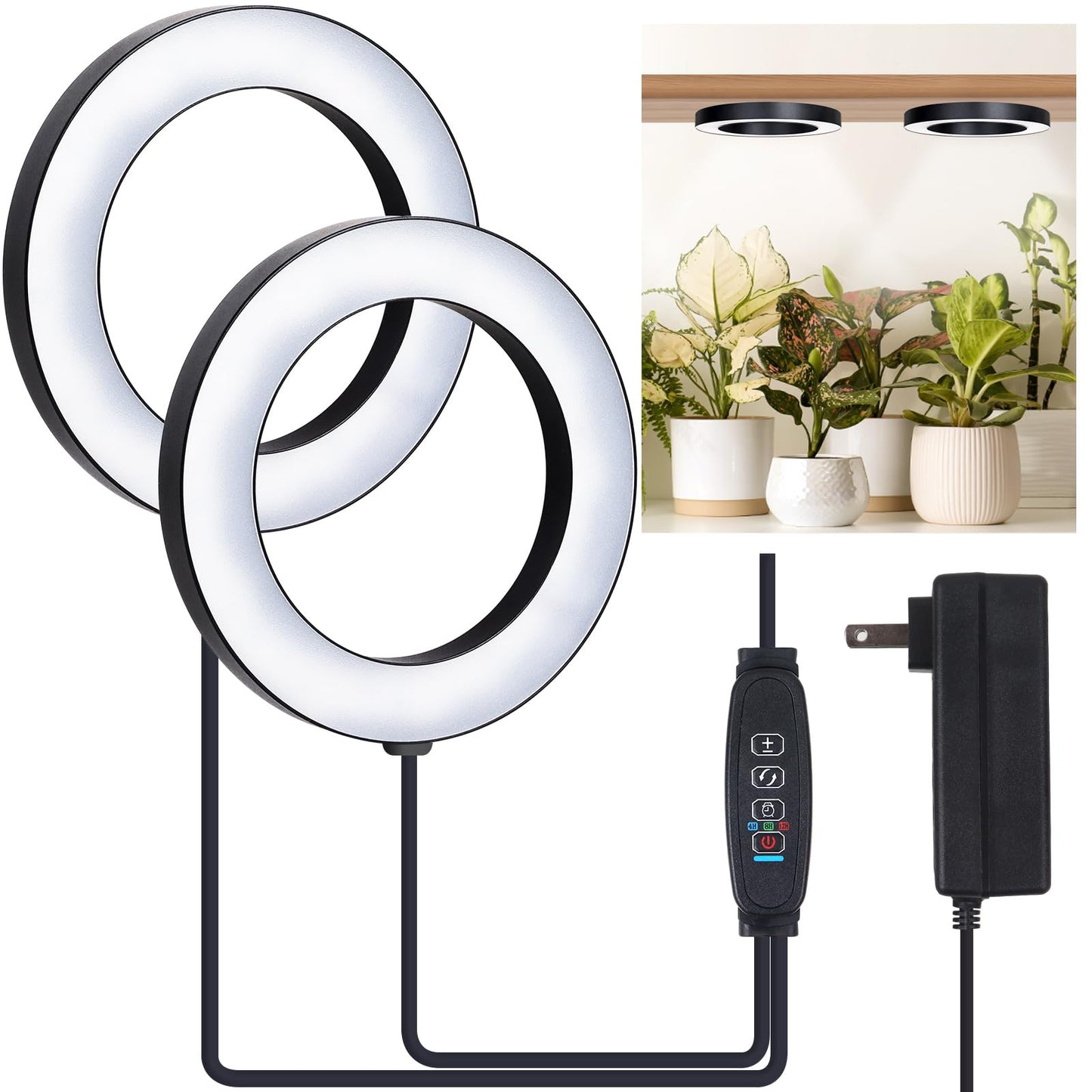 Skorter | Aopeids 2025 Upgraded Full Spectrum Grow Light For Indoor Plants - 144 LEDs, 3 Light Modes, Automatic On/Off Timer (4/8/12H), 10-Level Dimmable Halo Small Plant Lighting (Black, 6.3 Inch Double Head)