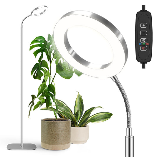 Skorter | Mistyjungle Grow Light For Indoor Plants, Floor Full Spectrum Plant Light With Stand, Large Grow Lights With Automatic Timer, 60 Inches Height Adjustable, 10 Level Dimmable, Silver Led Halo Growth Lamp