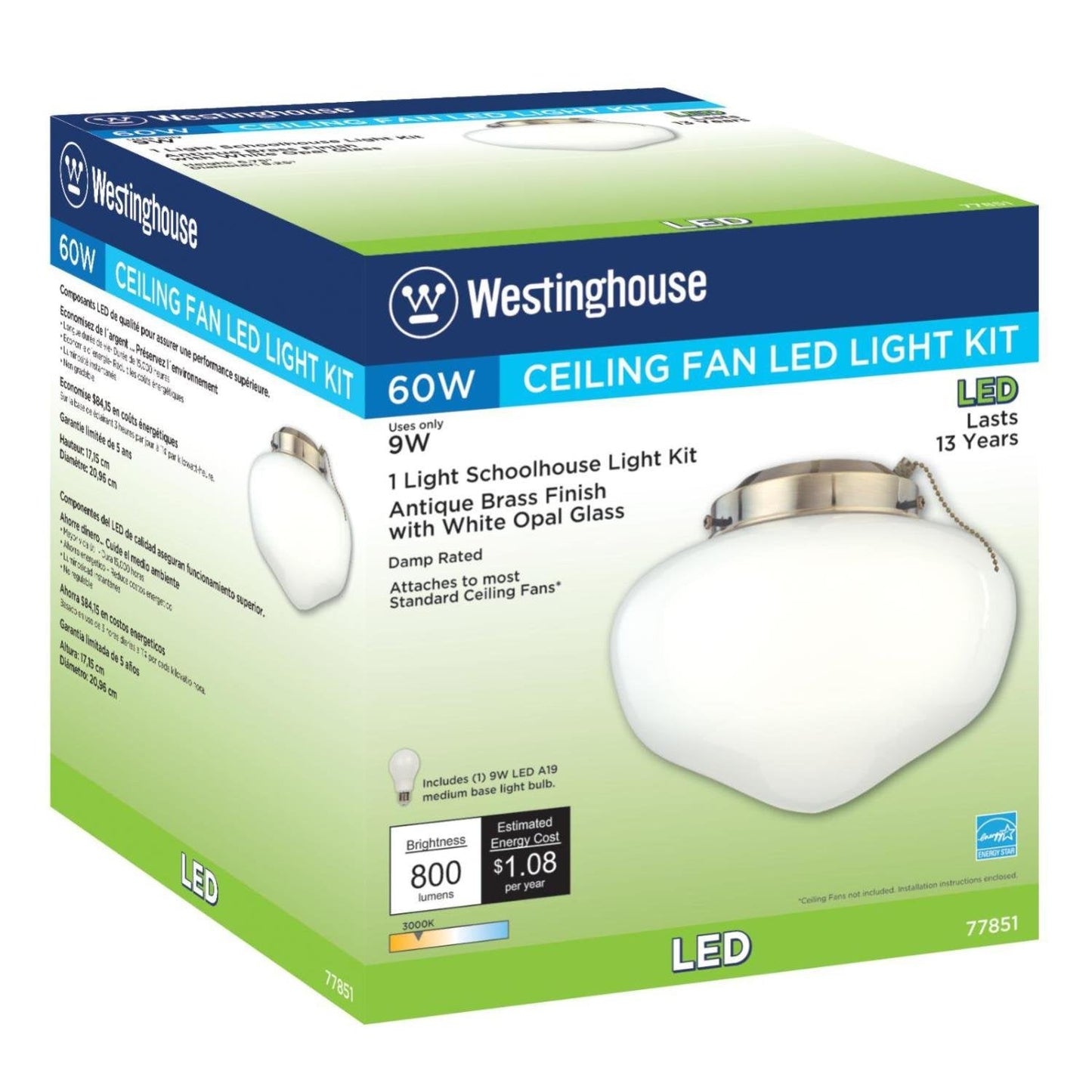 Skorter | Westinghouse Led Schoolhouse Light Set, Energy Star, Antique Brass with White Opal Glass