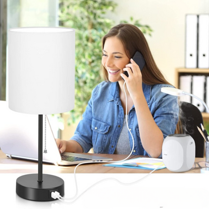 Skorter | Table lamp set of 2 with USB charging ports, gray bedside lamps with AC outlet, bedside lamps with pull switch, minimalist modern desk lamps with fabric shade for living room bedroom office
