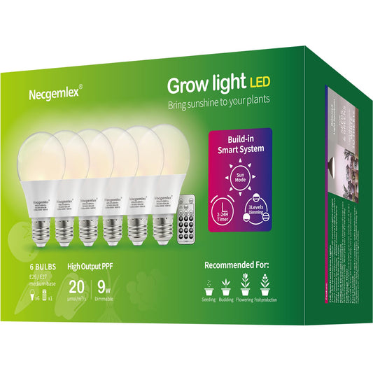 Skorter | Necgemlex Smart Led Grow Light Bulbs With Remote Control, Sun Simulation Mode, Built-in Auto Timer, A21/A70 E26/E27 9W Dimmable Full Spectrum Intelligent Plant Growth Bulbs For Indoor Plants, 6 Pack