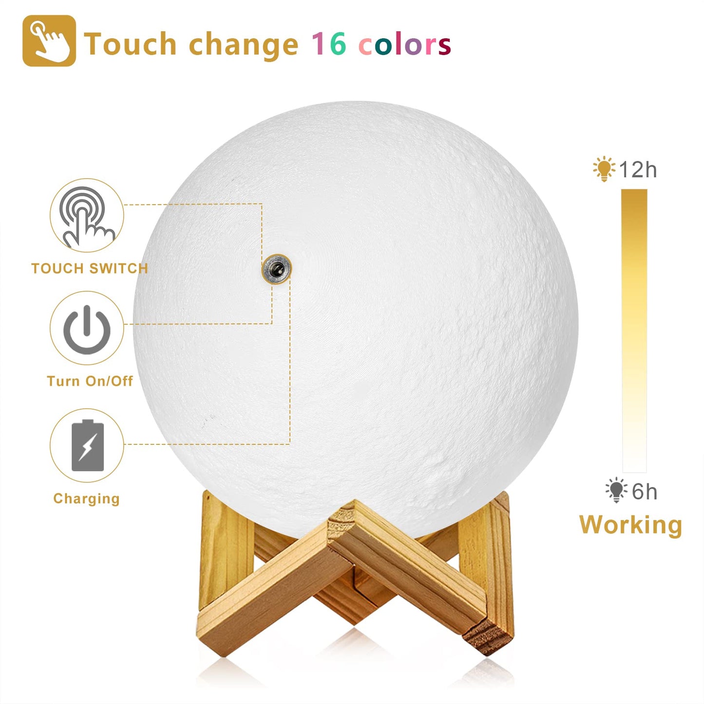 Skorter | Dtoetkd 3D Moon Lamp 6 Inches, 16 Colors, Touch Control, USB Rechargeable - Perfect Gift For Children