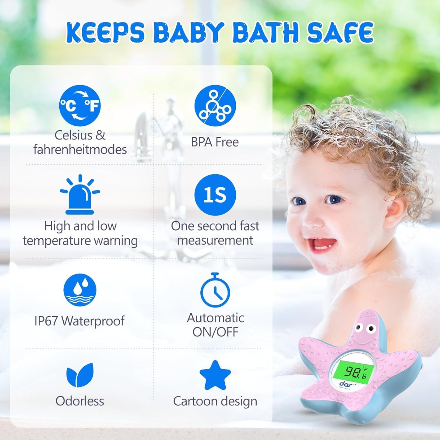 Skorter | AquaVeilig Baby Bath Thermometer – Digital Display with 3 Colors and Temperature Warning